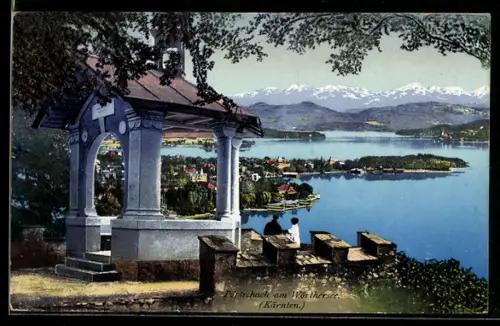 AK Pörtschach am Wörthersee, Aussichtspavillon mit See und Ort