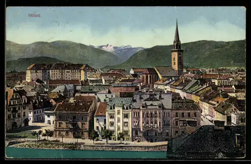 AK Villach, Ortsansicht mit Kirche und Drau