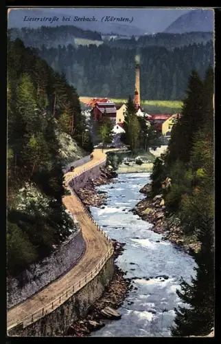 AK Seeboden am Millstätter See, Lieserstrasse, Ansicht mit Fluss und Fabrik mit Schornstein