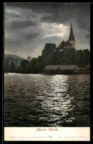 AK Maria Wörth, Kirche mit Bootshäusern am See bei Mondschein