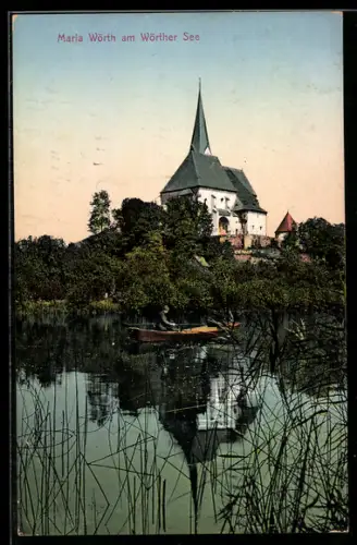 AK Maria Wörth am Wörther See, Kirche mit See und Spiegelung