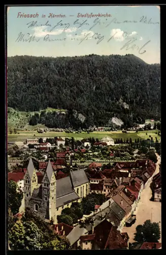 AK Friesach /Kärnten, Ortsansicht mit Stadtpfarrkirche