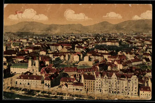 AK Graz, Panorama mit Uferstrasse und Stadtsilhouette
