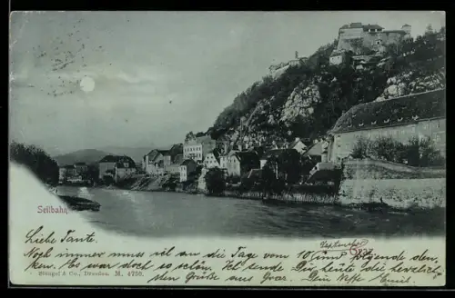 Mondschein-AK Graz, Seilbahn, Flussufer mit Festung auf Felshang