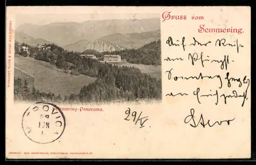 AK Semmering, Panorama mit Gebäuden, Wald und Bergkulisse