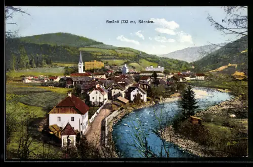 AK Gmünd /Kärnten, Panorama mit Kirche und Fluss