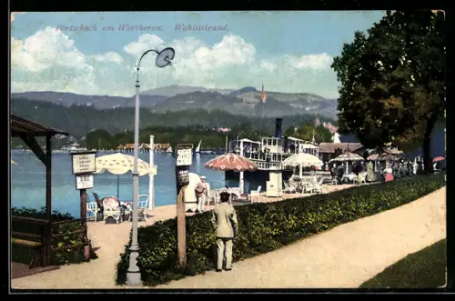 AK Pörtschach am Wörthersee, Strandpromenade mit Dampfschiff und Sonnenschirmen