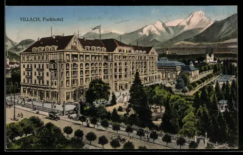 AK Villach, Parkhotel, Park und Bergpanorama