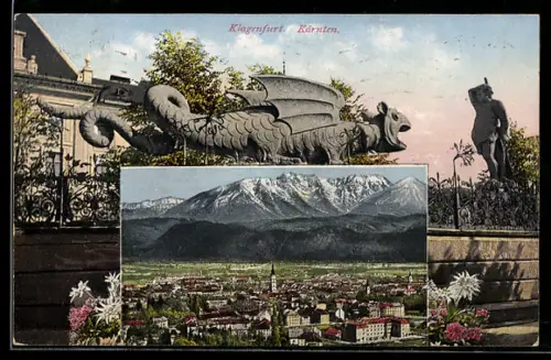 AK Klagenfurt i. Kärnten, Lindwurmbrunnen, Panorama mit Stadt und Gebirge