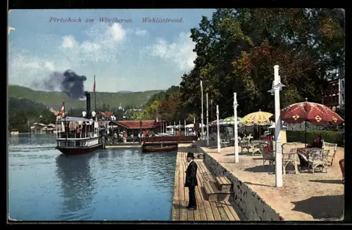 AK Pörtschach am Wörthersee, Seepromenade mit Schiffsanleger und Strandcafé