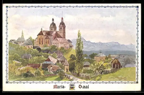 AK Maria Saal, Kirche auf Hügel, Ortsansicht mit Bergpanorama