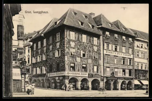 AK Graz, Buegghaus mit Arkaden und Geschäftslokalen