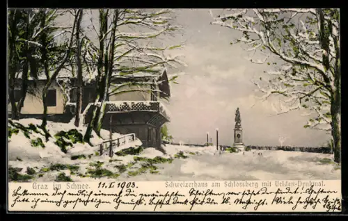 AK Graz, Schweizerhaus am Schlossberg mit Heldendenkmal