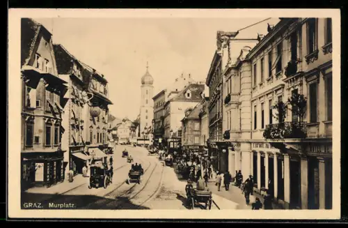 AK Graz, Murplatz, Strassenansicht mit Pferdekutschen und Passanten