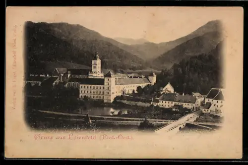 AK Lilienfeld /Nied.-Oest., Stiftsanlage mit Brücke und Bergpanorama