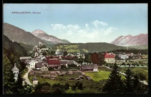 AK Arnoldstein /Kärnten, Panorama mit Kirche und Gebirgszug