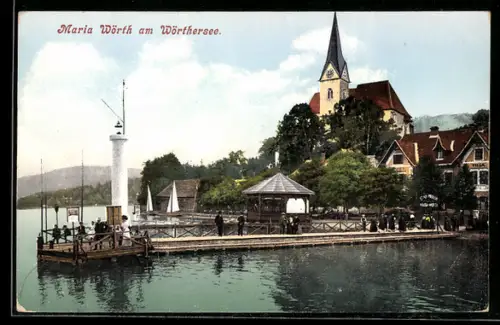 AK Maria Wörth am Wörthersee, Seepromenade mit Schiffsanleger und Kirche