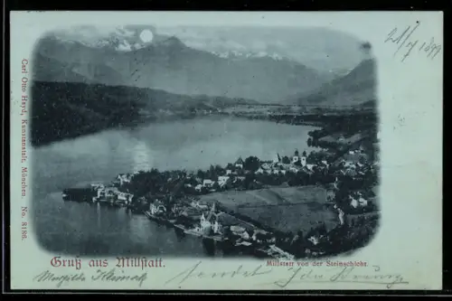 Mondschein-AK Millstatt, Blick von der Steinschicht auf See und Ort