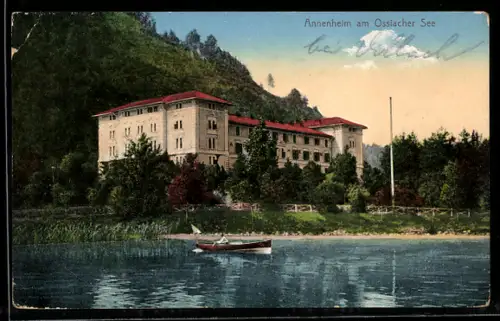 AK Annenheim am Ossiacher See, Gebäude am See mit Boot