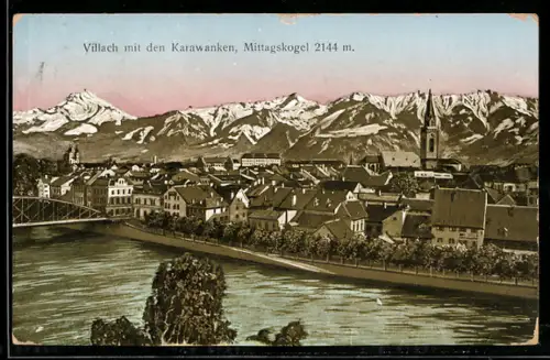 AK Villach, Panorama mit Karawanken und Mittagskogel