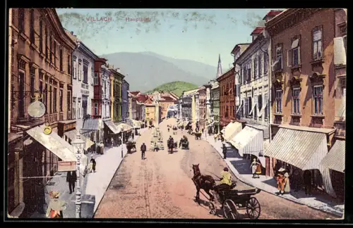 AK Villach, Hauptplatz mit Geschäften und Kutschen