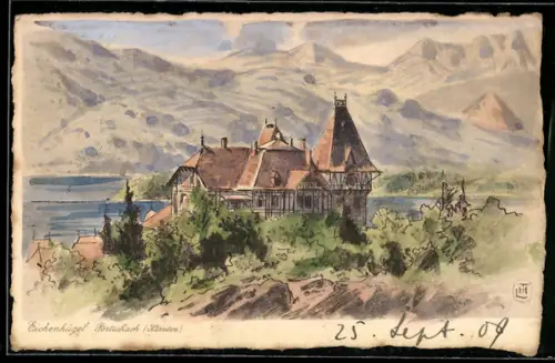 Künstler-AK Pörtschach /Kärnten, Haus am See mit Bergpanorama und Eichenhügel