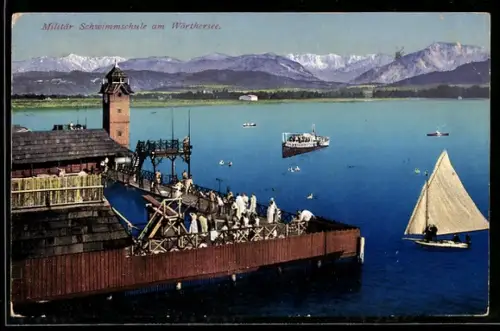AK Wörthersee, Militär Schwimmschule am Steg mit Turm