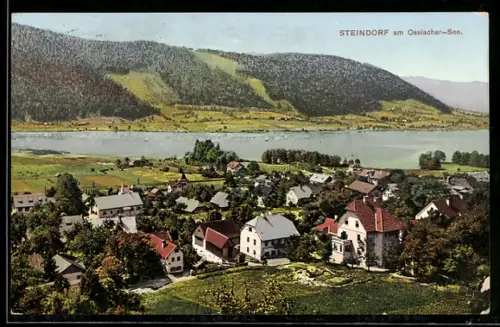 AK Steindorf am Ossiacher-See, Ortsansicht mit See und Bergen
