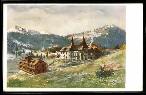 AK Flattnitz /Kärnten, Gast- und Kurhaus mit Kirche, Bes. Hubert Ladinig, Bergpanorama