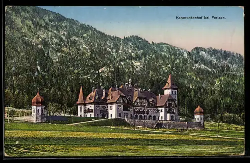 AK Ferlach, Karawankenhof mit Türmen und Bergpanorama