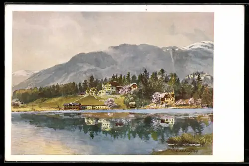 Künstler-AK Villach, Seebach, Gasthof-Pension Magdalensee, Bes. M. Brandstätter, Seeufer mit Bergpanorama