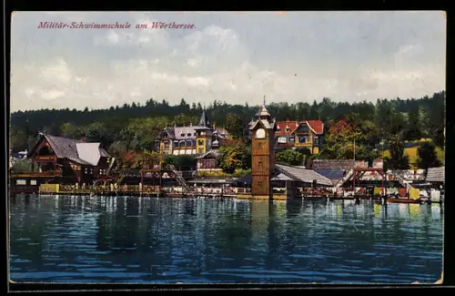 AK Wörthersee, Militär-Schwimmschule, Seepromenade mit Uhrturm