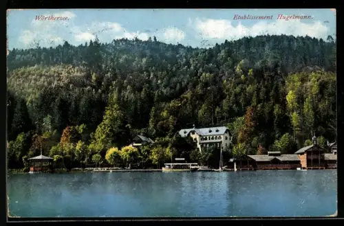 AK Wörthersee, Gasthaus Hugelmann, Uferpartie mit Bootshäusern