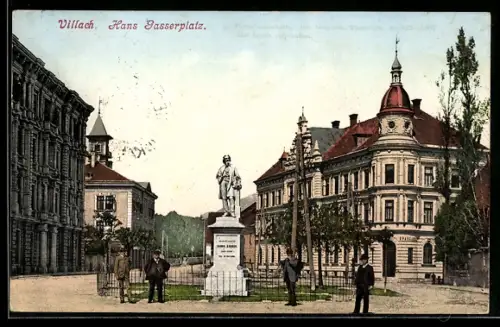 AK Villach, Hans Gasserplatz mit Denkmal und Strassenansicht