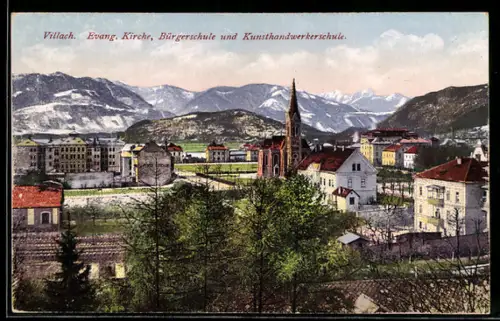 AK Villach, Evangelische Kirche, Bürgerschule und Kunsthandwerkerschule