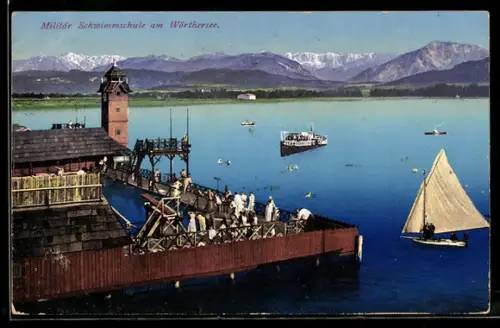 AK Wörthersee, Militär-Schwimmschule, Steg und Seepanorama