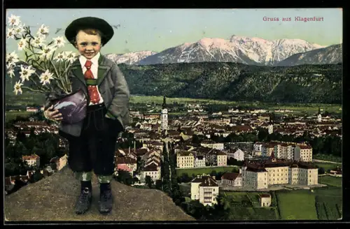 AK Klagenfurt, Stadtpanorama mit Kirche und Bergkulisse