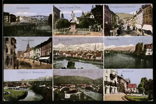 AK Villach, Hauptplatz, Hans Gasser Platz, Draubrücke