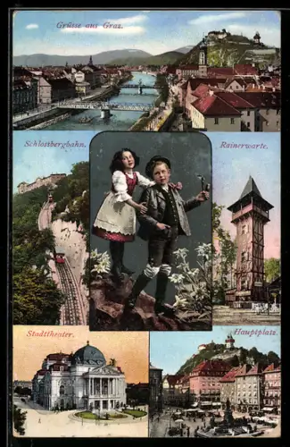 AK Graz, Schlossberg mit Rainerwarte, Stadttheater, Hauptplatz