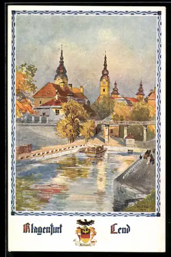 AK Klagenfurt, Fluss mit Brücke und Ortsansicht mit Kirchtürmen