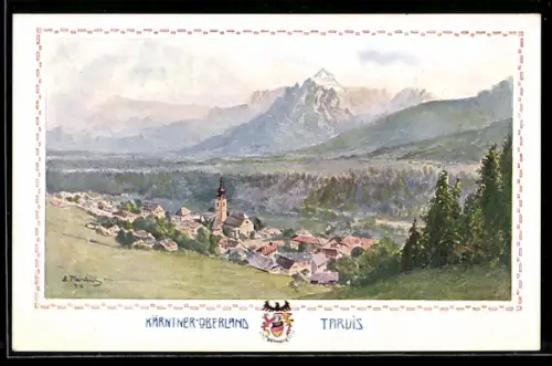 Künstler-AK Tarvis /Kärnten, Panorama mit Kirche und Ort