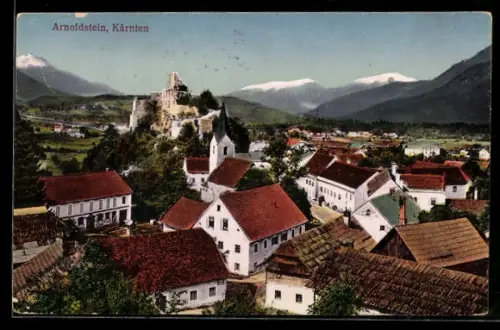 AK Arnoldstein /Kärnten, Burgruine und Ortsansicht mit Kirche