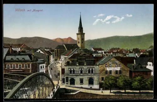 AK Villach, Stadtpanorama mit Mangart