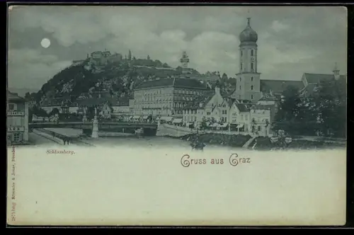 Mondschein-AK Graz, Panorama mit Schlossberg, Uhrturm und Brücke