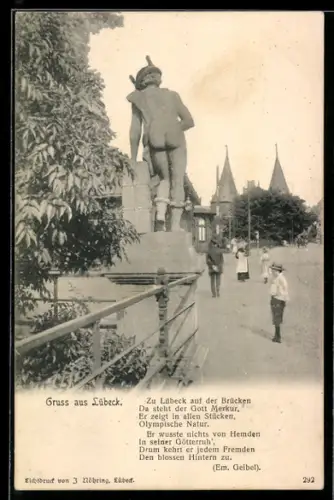 AK Lübeck, Brücke mit Merkur-Statue und Holstentor