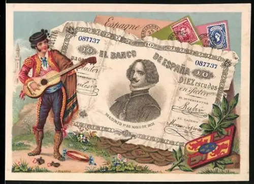 Sammelbild Spanischer Geldschein 10 Escudos, Gitarrenspieler in landestypischer Tracht
