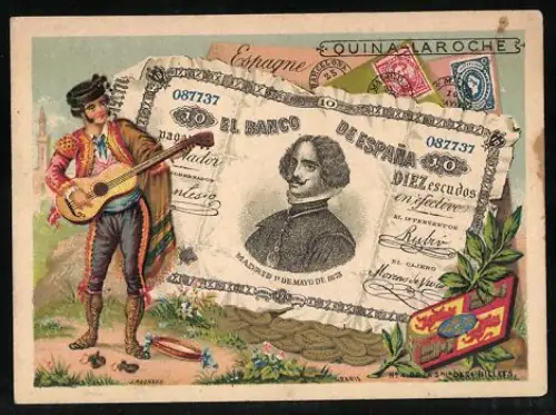 Sammelbild Quina-Laroche with Iron, Spanischer Geldschein 10 Escudos, Gitarrenspieler