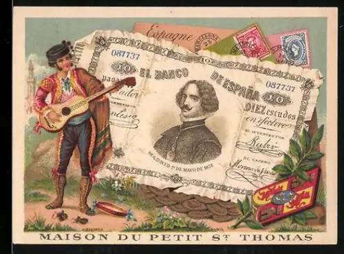 Sammelbild Paris, Grand Magasin Petit St. Thomas, Spanischer Geldschein 10 Escudos, Gitarrenspieler