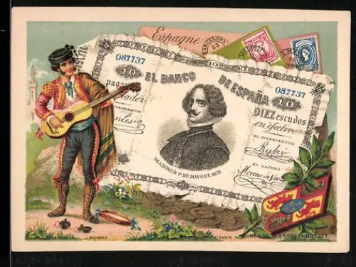 Sammelbild Spanische Banknote 10 Escudos, Gitarrenspieler in landestypischer Tracht