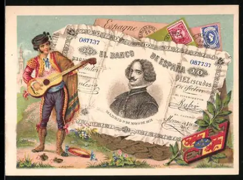 Sammelbild Spanischer Geldschein 10 Escudos, Spanischer Gitarrenspieler in Tracht